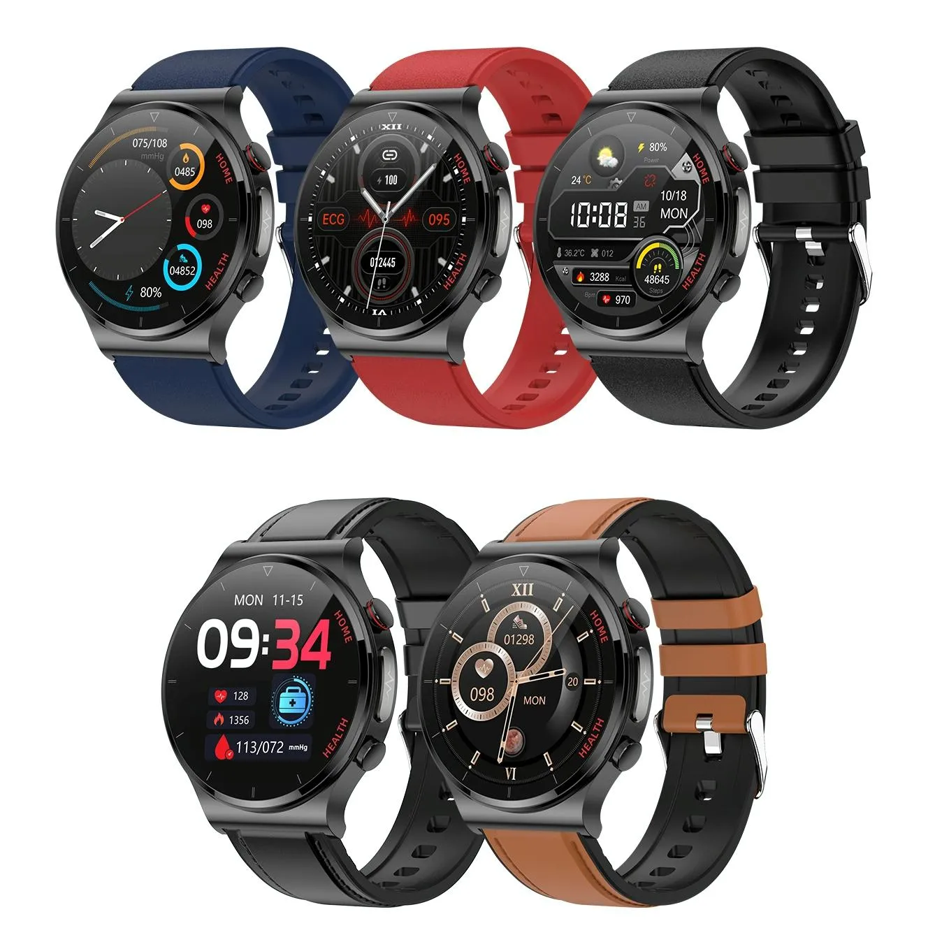 1.32 Inch Screen Leather Watch Strap Smart Health Watch Supports Body Temperature Monitoring Ecg Monitoring Blood Pressure