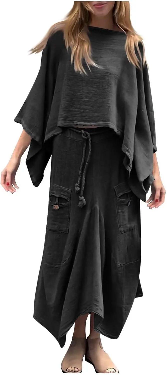 2 Piece Skirt Sets for Women Casual 3/4 Sleeve Tops Maxi Skirt Set Spring Summer Solid Color Loose Flowy Matching