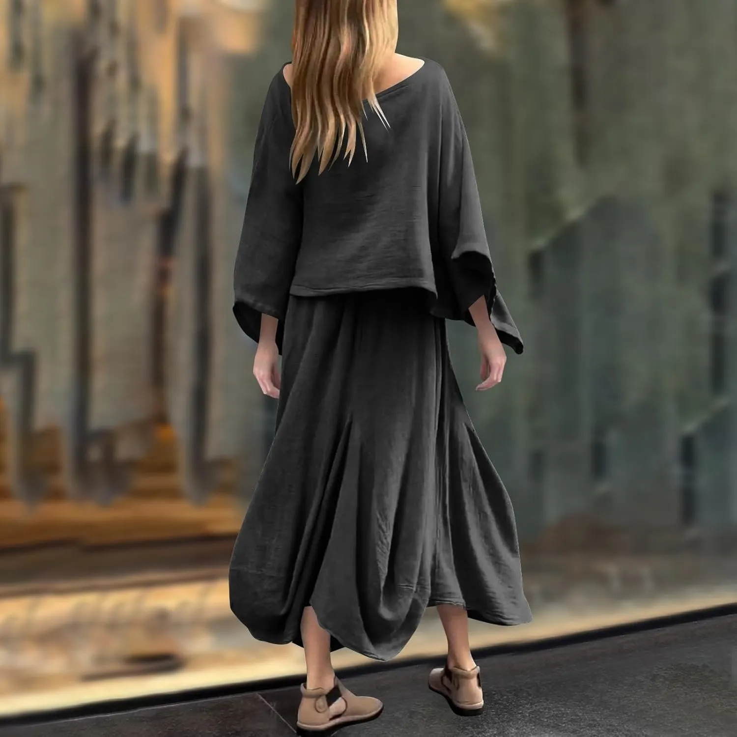 2 Piece Skirt Sets for Women Casual 3/4 Sleeve Tops Maxi Skirt Set Spring Summer Solid Color Loose Flowy Matching