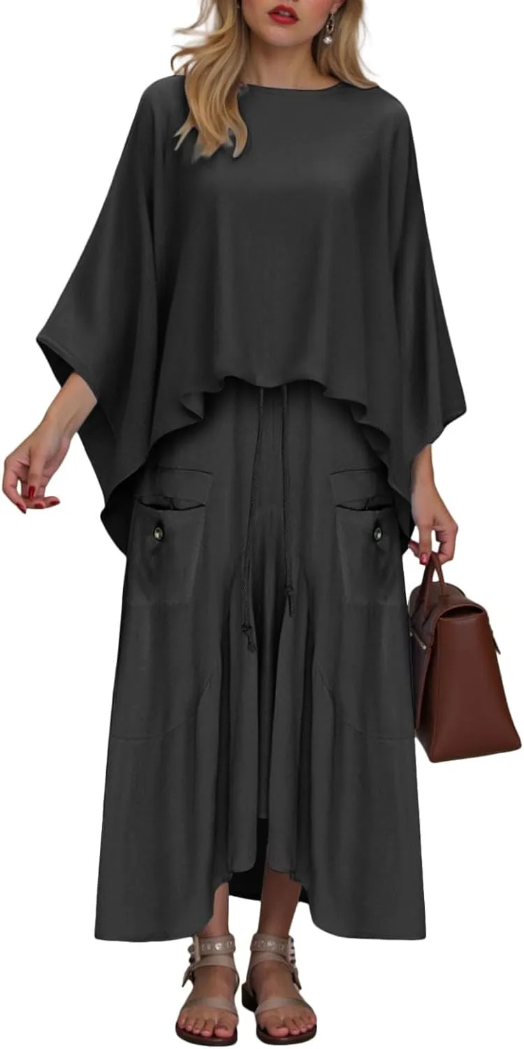 2 Piece Skirt Sets for Women Casual 3/4 Sleeve Tops Maxi Skirt Set Spring Summer Solid Color Loose Flowy Matching