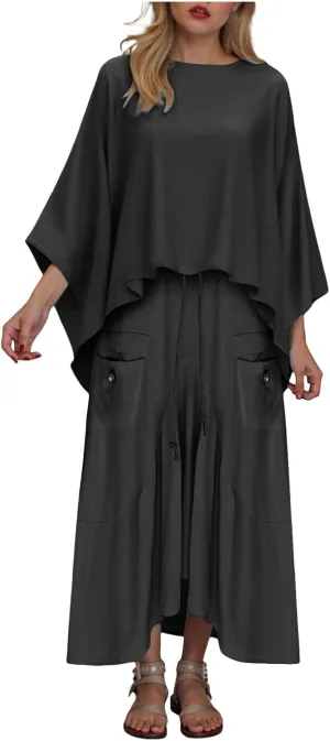 2 Piece Skirt Sets for Women Casual 3/4 Sleeve Tops Maxi Skirt Set Spring Summer Solid Color Loose Flowy Matching