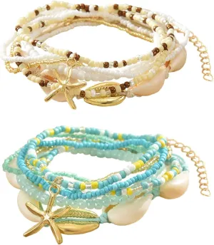 2 Sets Beach Shell Anklets for Women 7in/8in Boho Stretchy Ankle Bracelets Hawaiian Seashell Beaded Anklet Elastic