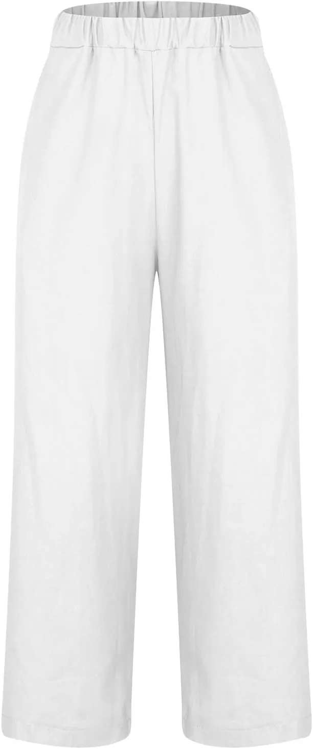 2025 Cotton Linen Pants Women Summer Elastic Waist Crop Pants Plus Size Straight Leg Slacks Trousers with Pockets