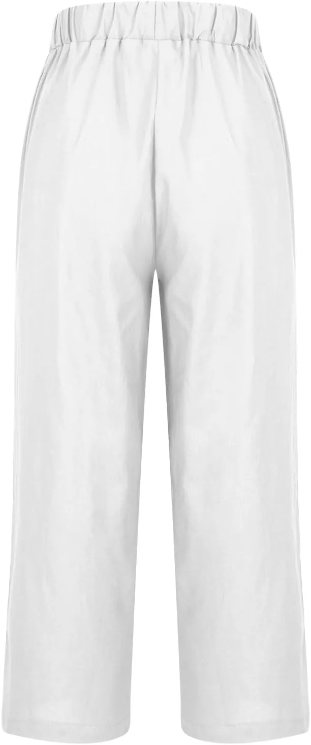 2025 Cotton Linen Pants Women Summer Elastic Waist Crop Pants Plus Size Straight Leg Slacks Trousers with Pockets