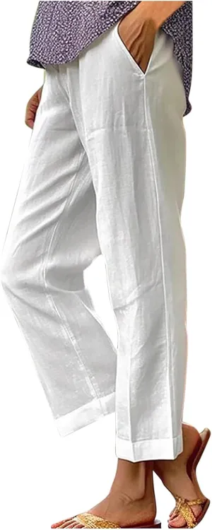 2025 Cotton Linen Pants Women Summer Elastic Waist Crop Pants Plus Size Straight Leg Slacks Trousers with Pockets