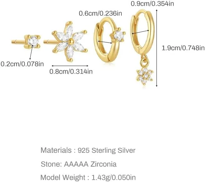 4pcs Set S925 Sterling Silver 18K Gold Plated Geometric Heart & Flower Ear Cuffs with AAAAA Zirconia Ear Cuff Earrings for Women