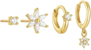 4pcs Set S925 Sterling Silver 18K Gold Plated Geometric Heart & Flower Ear Cuffs with AAAAA Zirconia Ear Cuff Earrings for Women
