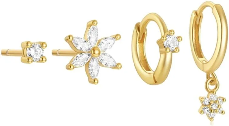 4pcs Set S925 Sterling Silver 18K Gold Plated Geometric Heart & Flower Ear Cuffs with AAAAA Zirconia Ear Cuff Earrings for Women