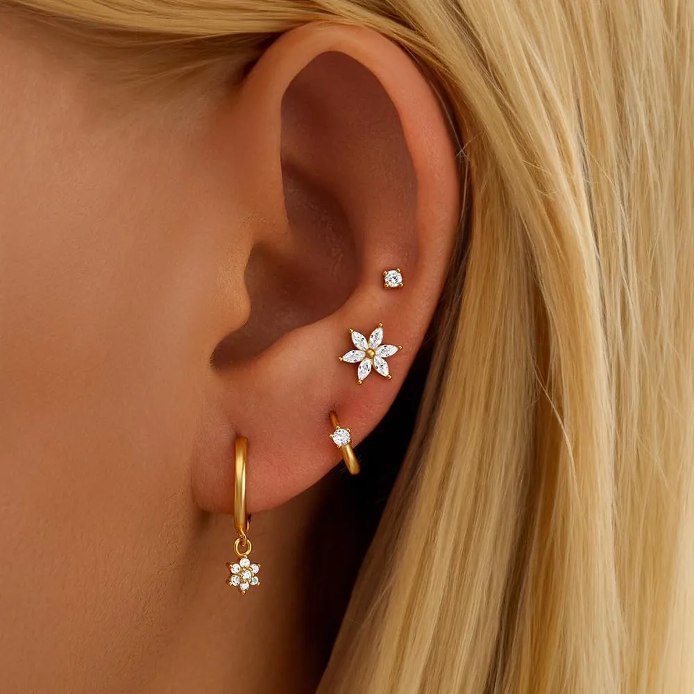 4pcs Set S925 Sterling Silver 18K Gold Plated Geometric Heart & Flower Ear Cuffs with AAAAA Zirconia Ear Cuff Earrings for Women