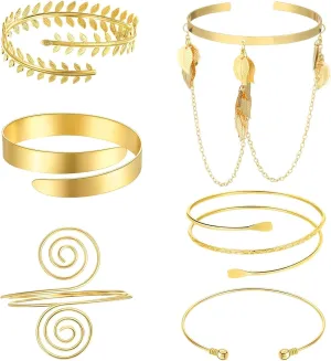 6 Pieces Gold Arm Cuff Jewelry Upper Arm Cuff Bracelets Bangle Adjustable Armband Set for Women