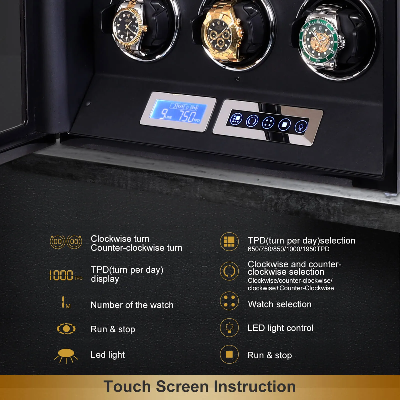 9 Watch Winder for Automatic Watches LCD Touchscreen Remote Control Quiet Mabuchi Motors
