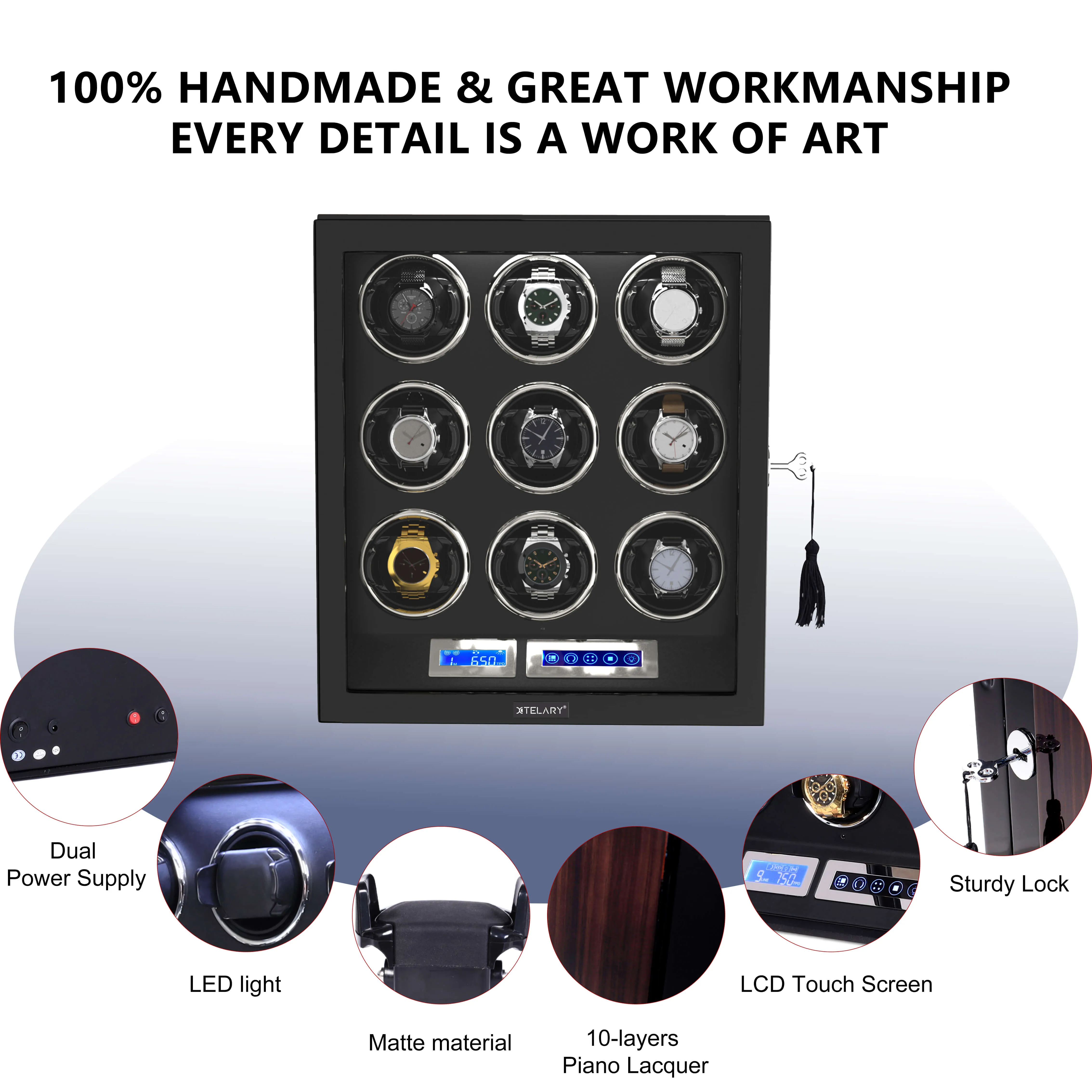 9 Watch Winder for Automatic Watches LCD Touchscreen Remote Control Quiet Mabuchi Motors
