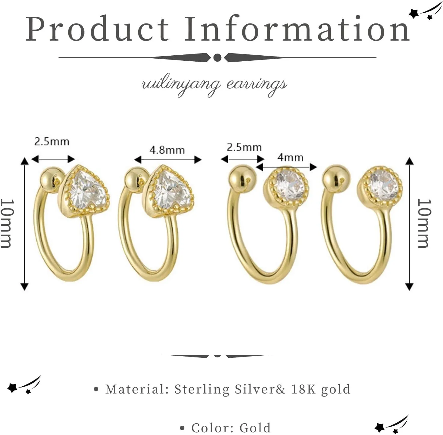 925 Sterling Silver Cubic Zirconia Ear Cuff for Women, Minimalist Ear Cuffs Earrings, Non Pierced Heart Earring Cuff