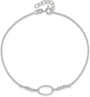 925 Sterling Silver Oval & Beaded with 9" Length with 1" Extender Anklet