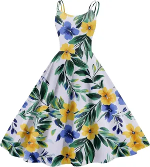 ADHOWBEW Beach Dresses for Women 2025 Sleeveless Sexy Round Neck Flowy Casual Tropical Print Plus Size Floral Dress