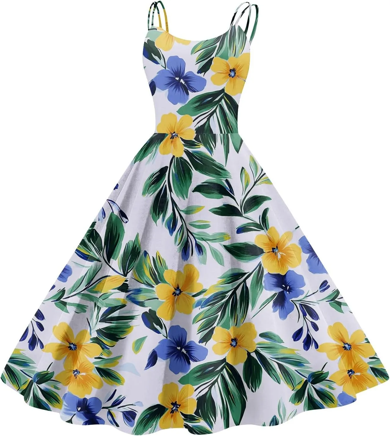 ADHOWBEW Beach Dresses for Women 2025 Sleeveless Sexy Round Neck Flowy Casual Tropical Print Plus Size Floral Dress