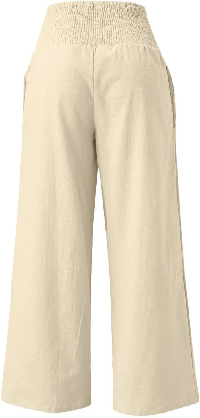 ADHOWBEW Womens Linen Pants 2025 Casual Relaxed Fit Flowy Beach Summer Long Boho Lounge Wide Leg Trousers