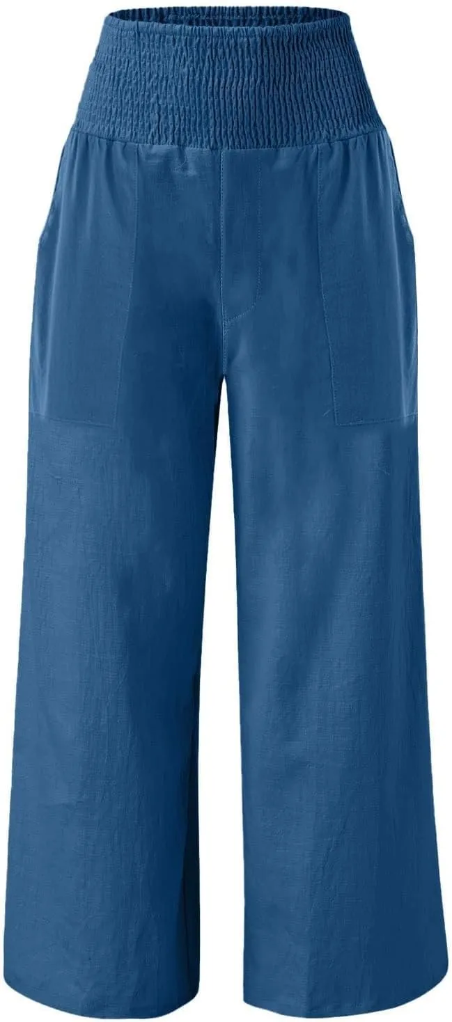 ADHOWBEW Womens Linen Pants 2025 Casual Relaxed Fit Flowy Beach Summer Long Boho Lounge Wide Leg Trousers