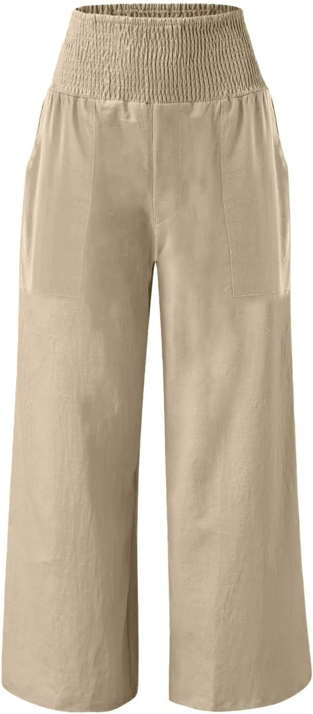 ADHOWBEW Womens Linen Pants 2025 Casual Relaxed Fit Flowy Beach Summer Long Boho Lounge Wide Leg Trousers