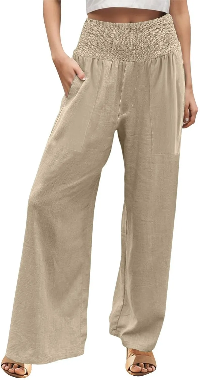 ADHOWBEW Womens Linen Pants 2025 Casual Relaxed Fit Flowy Beach Summer Long Boho Lounge Wide Leg Trousers