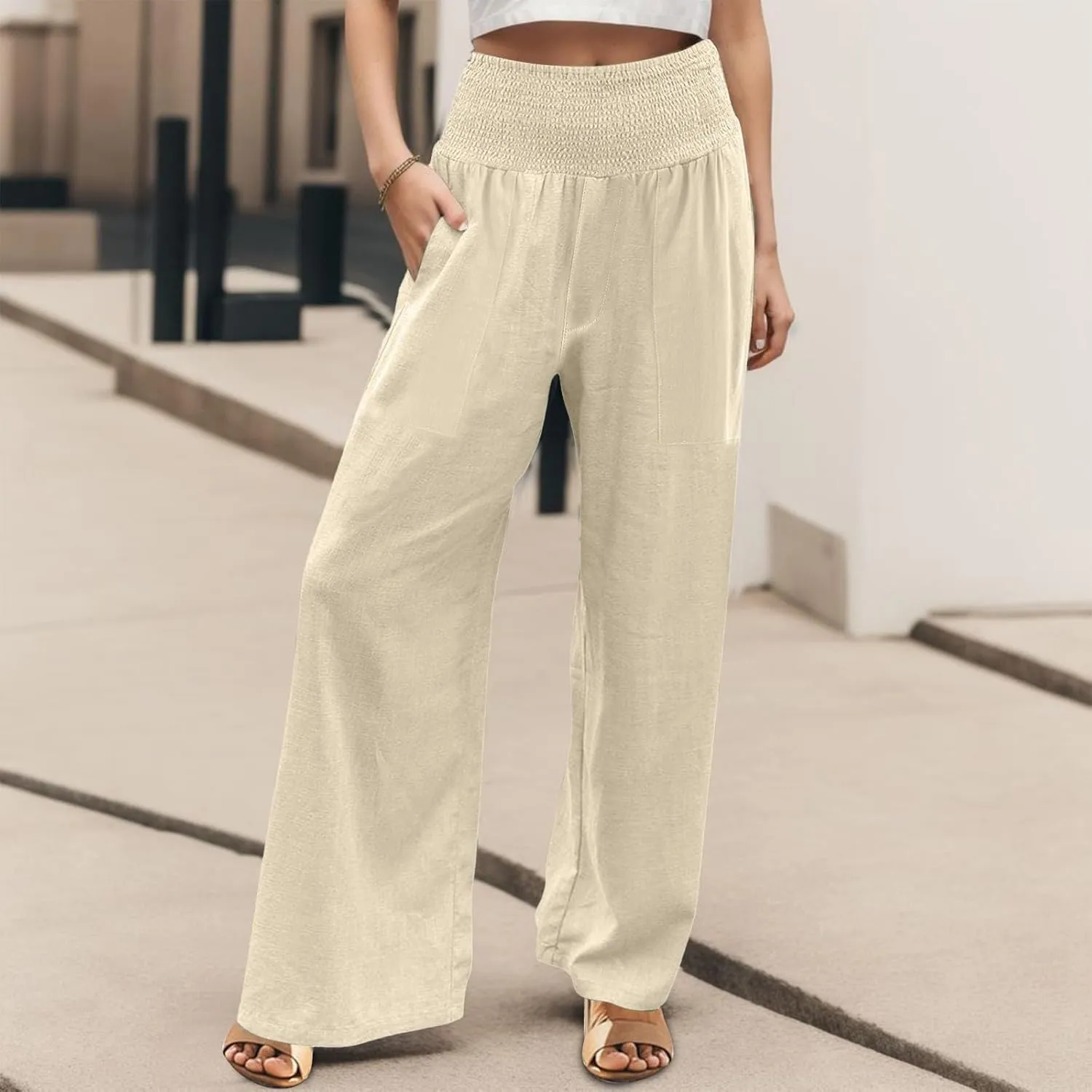 ADHOWBEW Womens Linen Pants 2025 Casual Relaxed Fit Flowy Beach Summer Long Boho Lounge Wide Leg Trousers