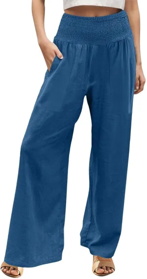 ADHOWBEW Womens Linen Pants 2025 Casual Relaxed Fit Flowy Beach Summer Long Boho Lounge Wide Leg Trousers