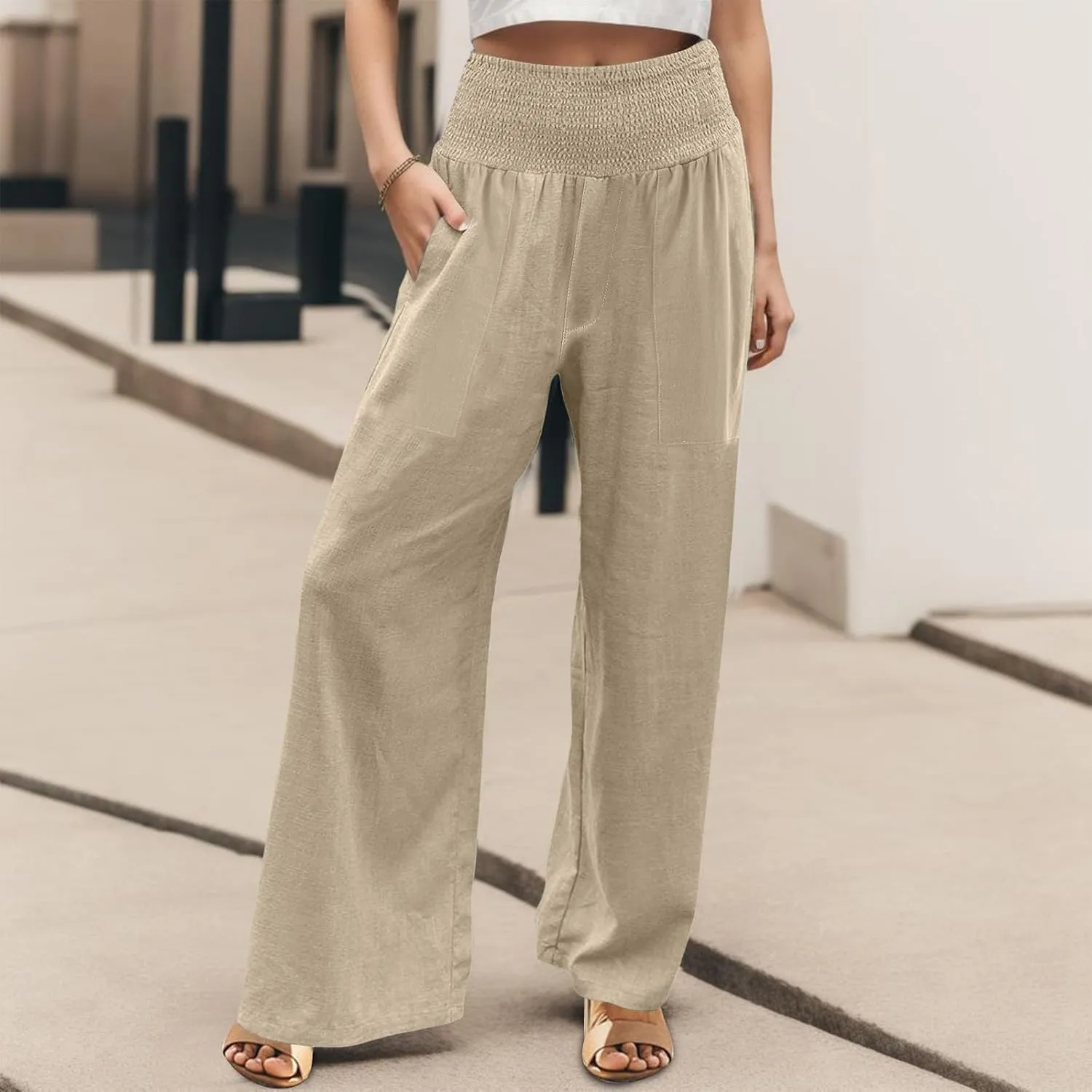 ADHOWBEW Womens Linen Pants 2025 Casual Relaxed Fit Flowy Beach Summer Long Boho Lounge Wide Leg Trousers