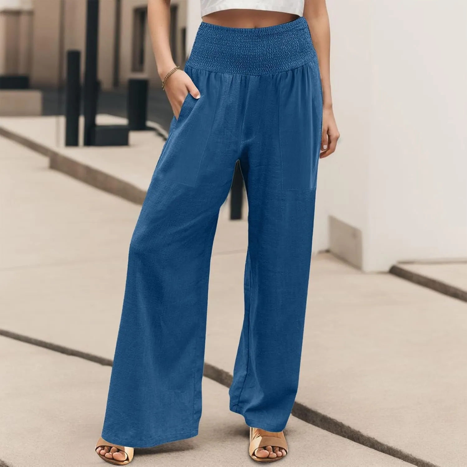 ADHOWBEW Womens Linen Pants 2025 Casual Relaxed Fit Flowy Beach Summer Long Boho Lounge Wide Leg Trousers