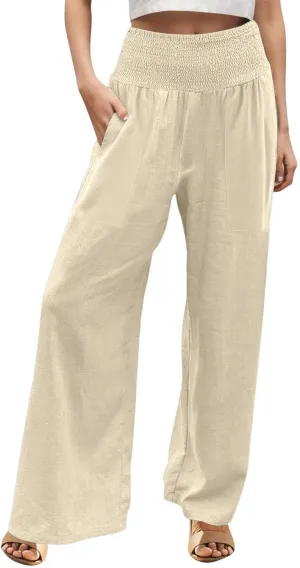 ADHOWBEW Womens Linen Pants 2025 Casual Relaxed Fit Flowy Beach Summer Long Boho Lounge Wide Leg Trousers