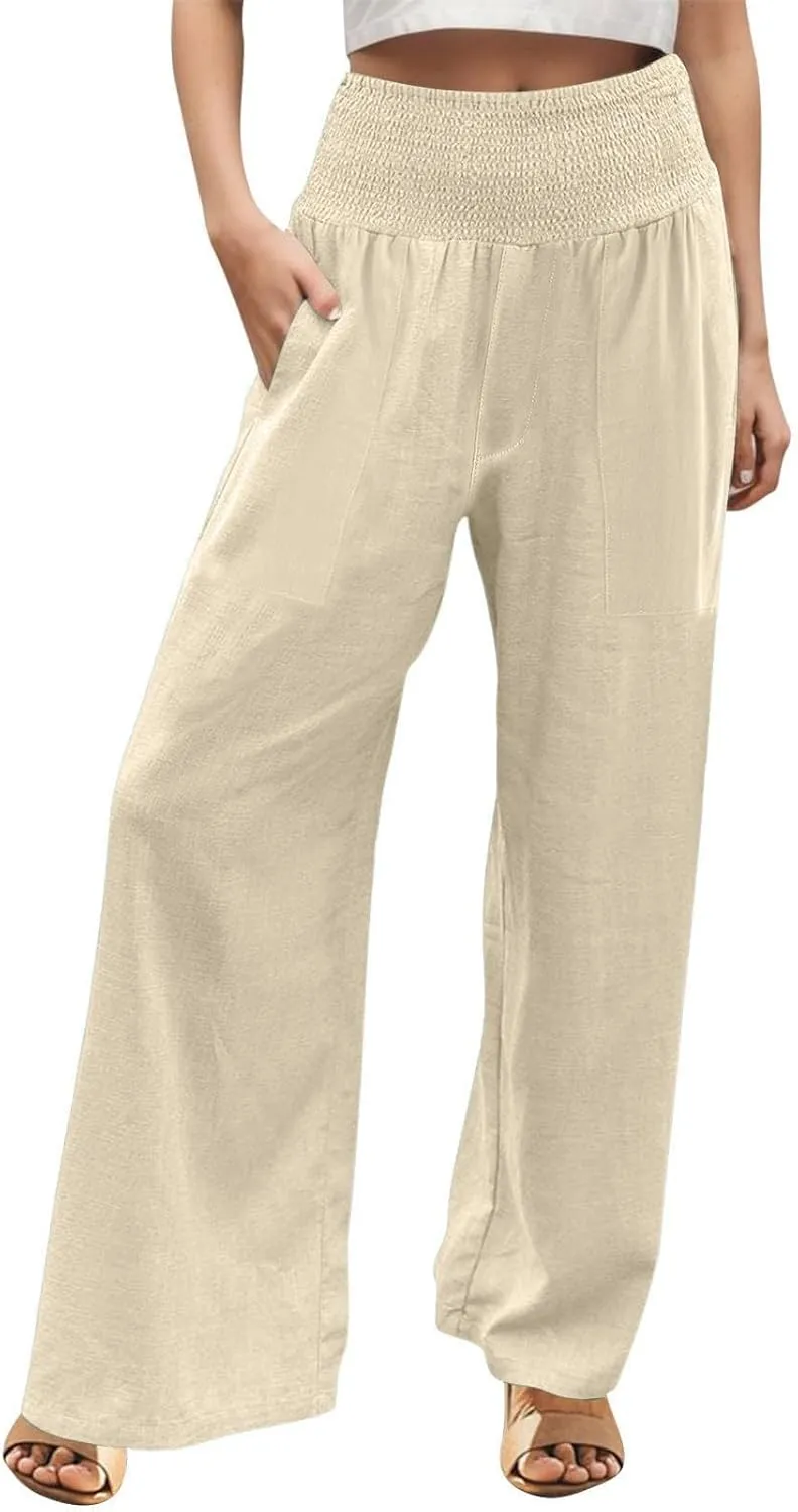 ADHOWBEW Womens Linen Pants 2025 Casual Relaxed Fit Flowy Beach Summer Long Boho Lounge Wide Leg Trousers