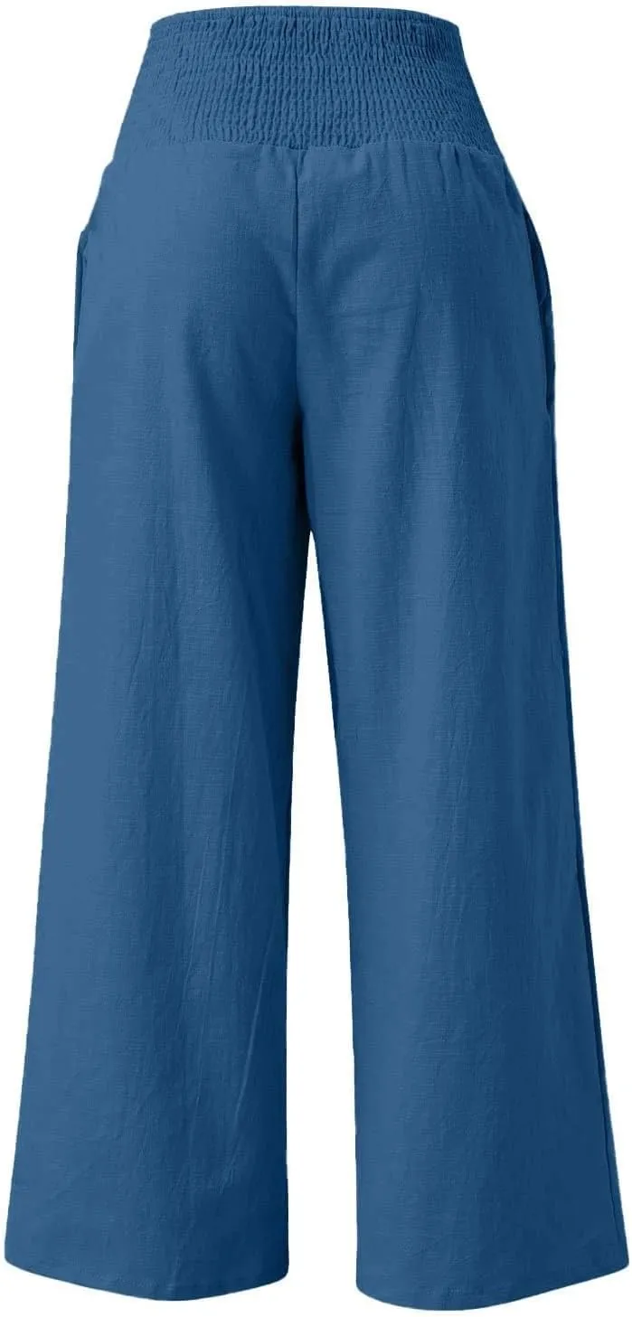 ADHOWBEW Womens Linen Pants 2025 Casual Relaxed Fit Flowy Beach Summer Long Boho Lounge Wide Leg Trousers