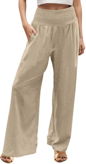 ADHOWBEW Womens Linen Pants 2025 Casual Relaxed Fit Flowy Beach Summer Long Boho Lounge Wide Leg Trousers