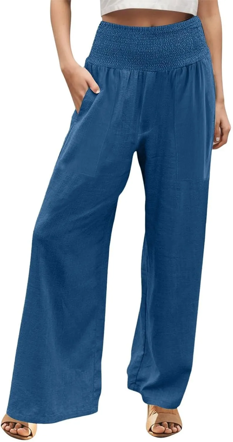 ADHOWBEW Womens Linen Pants 2025 Casual Relaxed Fit Flowy Beach Summer Long Boho Lounge Wide Leg Trousers
