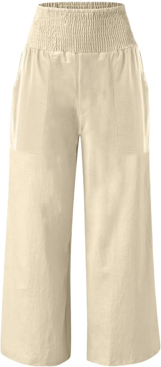 ADHOWBEW Womens Linen Pants 2025 Casual Relaxed Fit Flowy Beach Summer Long Boho Lounge Wide Leg Trousers