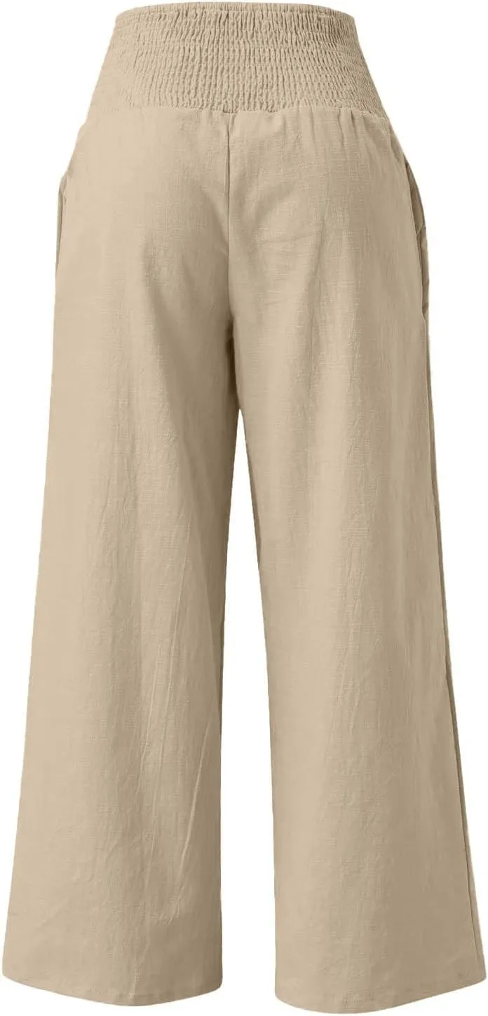 ADHOWBEW Womens Linen Pants 2025 Casual Relaxed Fit Flowy Beach Summer Long Boho Lounge Wide Leg Trousers