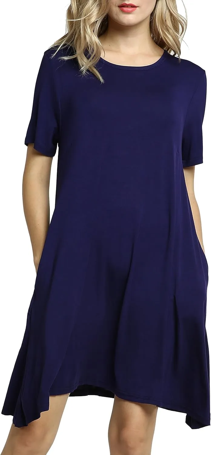 Afibi Womens Short Sleeve Loose Pockets Dress Casual Swing T-Shirt Dresses