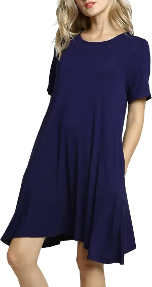 Afibi Womens Short Sleeve Loose Pockets Dress Casual Swing T-Shirt Dresses