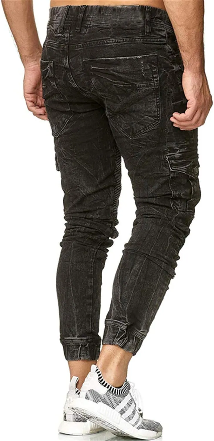 Andongnywell Men's Adjust Drawstring Jeans Slim Fit Denim Pants Side Pockets Skinny Jean Chino Trousers Sweatpants