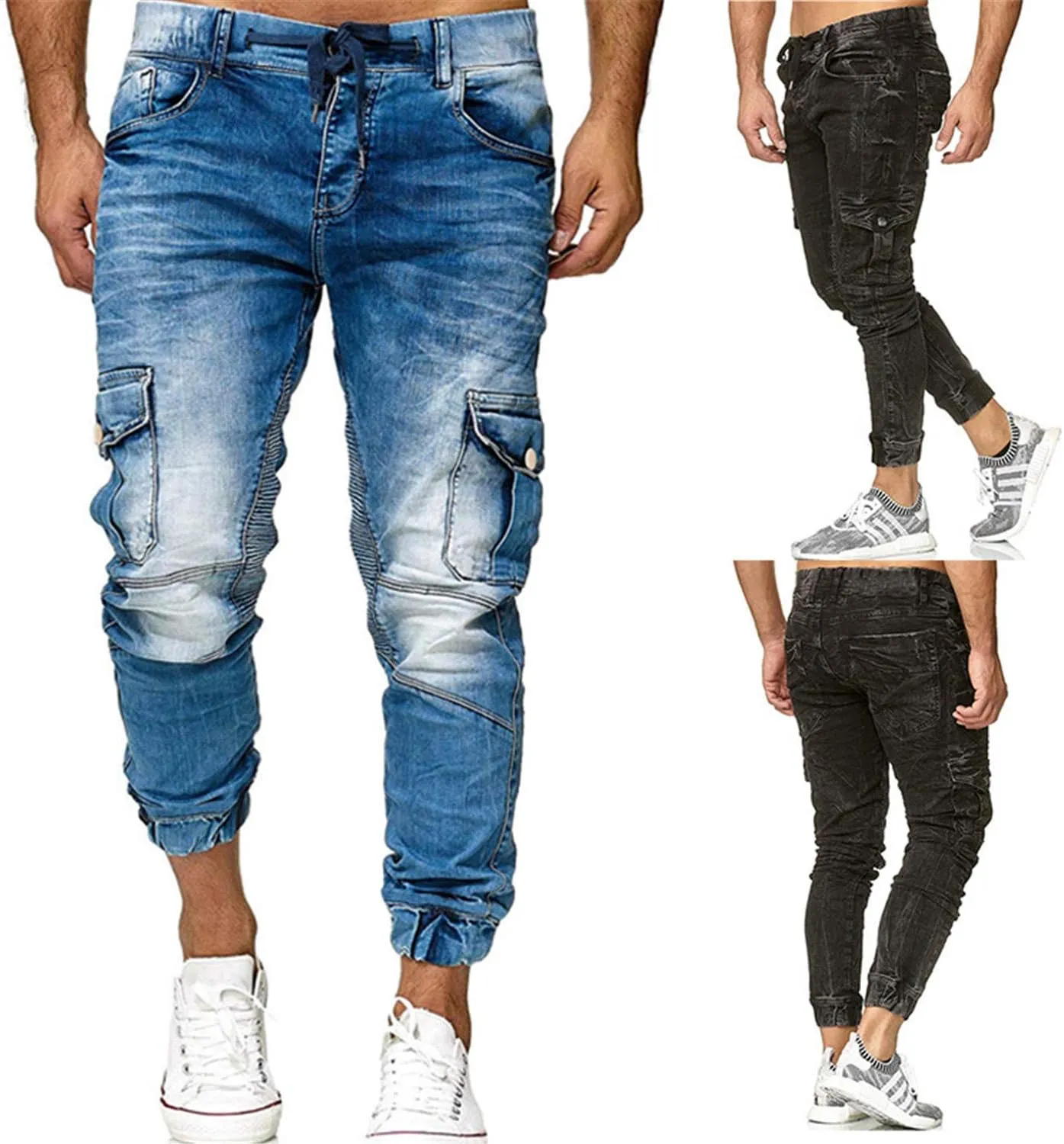 Andongnywell Men's Adjust Drawstring Jeans Slim Fit Denim Pants Side Pockets Skinny Jean Chino Trousers Sweatpants