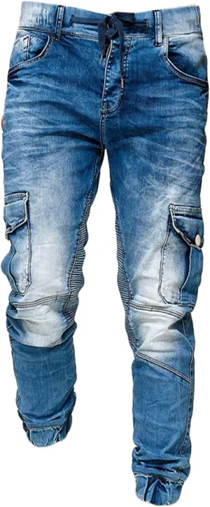 Andongnywell Men's Adjust Drawstring Jeans Slim Fit Denim Pants Side Pockets Skinny Jean Chino Trousers Sweatpants