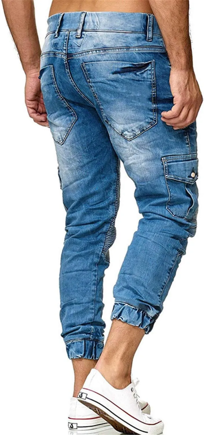 Andongnywell Men's Adjust Drawstring Jeans Slim Fit Denim Pants Side Pockets Skinny Jean Chino Trousers Sweatpants