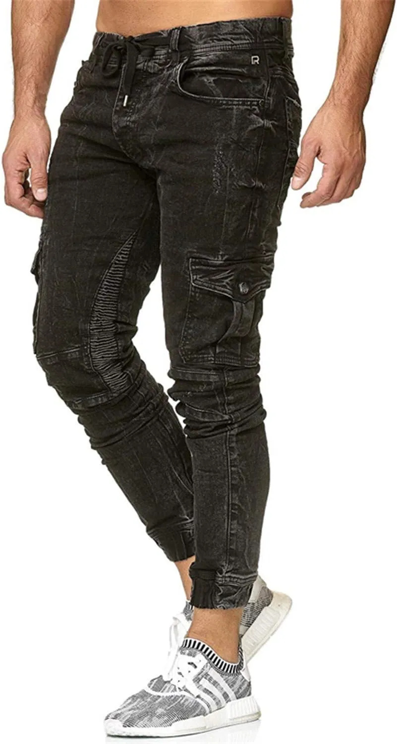 Andongnywell Men's Adjust Drawstring Jeans Slim Fit Denim Pants Side Pockets Skinny Jean Chino Trousers Sweatpants