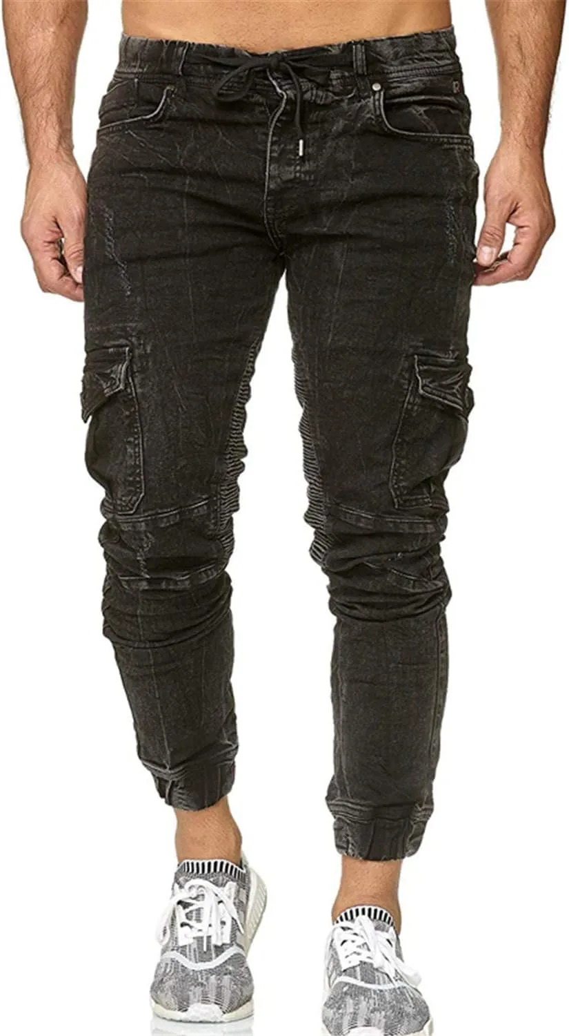 Andongnywell Men's Adjust Drawstring Jeans Slim Fit Denim Pants Side Pockets Skinny Jean Chino Trousers Sweatpants