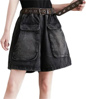 Andongnywell Women High Waist Cargo Shorts Summer Casual Hiking Jens Shorts with Flat Pockets Wide Legs Denim Shorts