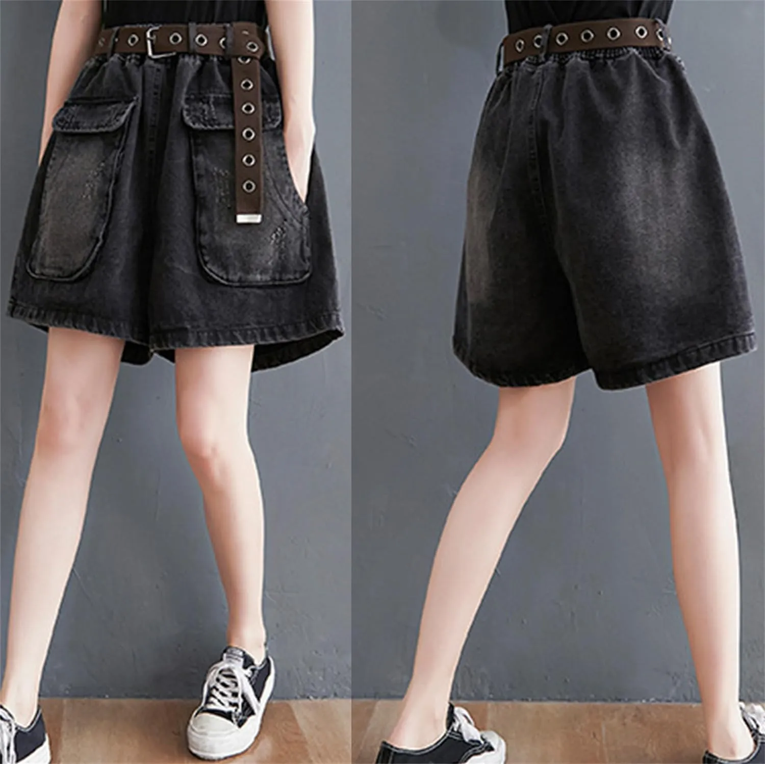 Andongnywell Women High Waist Cargo Shorts Summer Casual Hiking Jens Shorts with Flat Pockets Wide Legs Denim Shorts