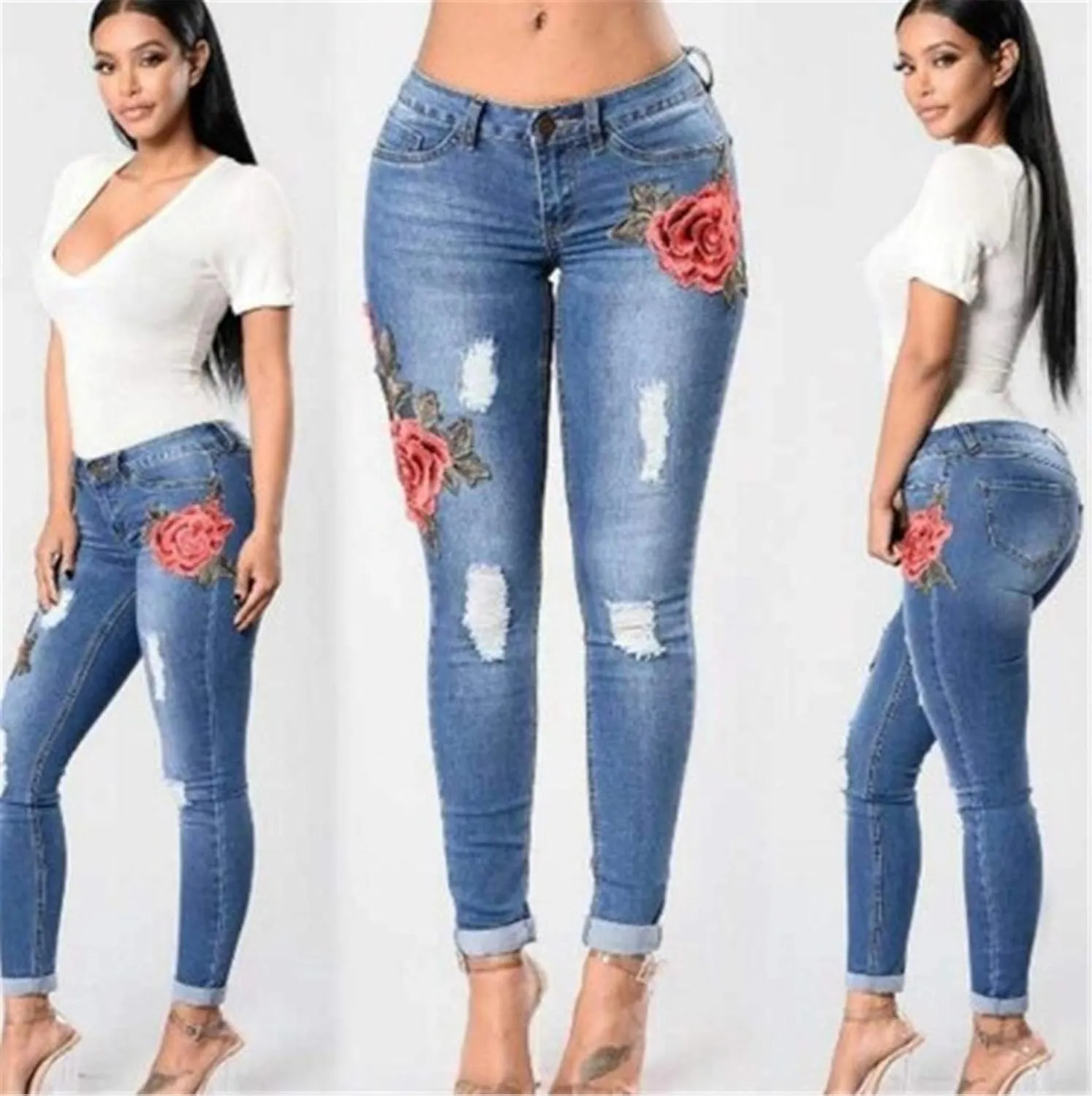 Andongnywell Women High Waist Embroidered Destroyed Ripped Skinny Jeans Flower Embroidery Denim Pants Trousers