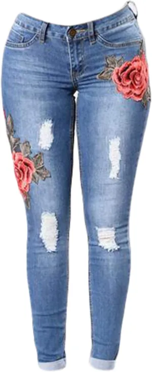 Andongnywell Women High Waist Embroidered Destroyed Ripped Skinny Jeans Flower Embroidery Denim Pants Trousers