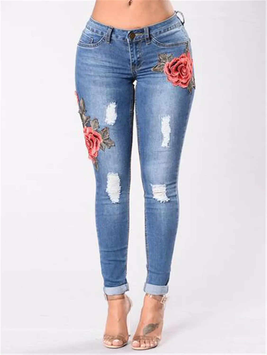 Andongnywell Women High Waist Embroidered Destroyed Ripped Skinny Jeans Flower Embroidery Denim Pants Trousers