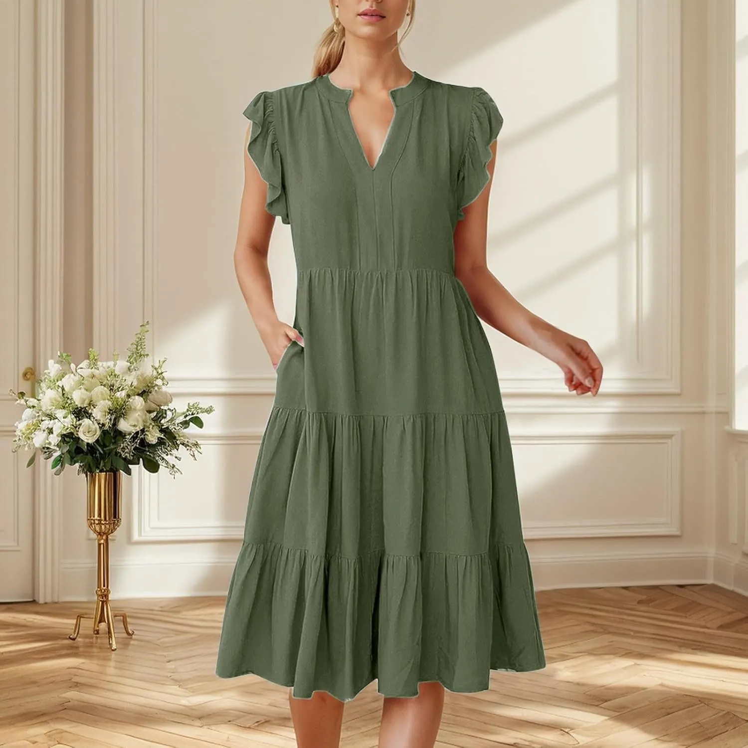 Aniywn Spring Dresses for Women 2025 Midi Casual Ruffle Sleeve V Neck Flowy Tiered Beach Vacation Sundress Boho Summer Dress