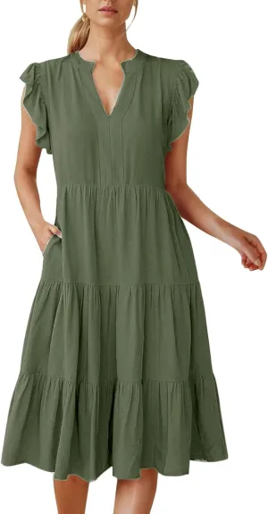 Aniywn Spring Dresses for Women 2025 Midi Casual Ruffle Sleeve V Neck Flowy Tiered Beach Vacation Sundress Boho Summer Dress